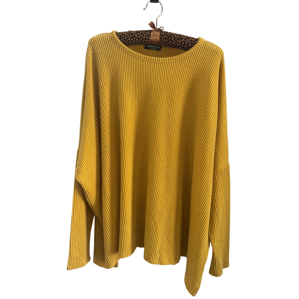 Heimish USA Womens Mustard Yellow Waffle Knit Batwing Oversized Pullover Top S‎